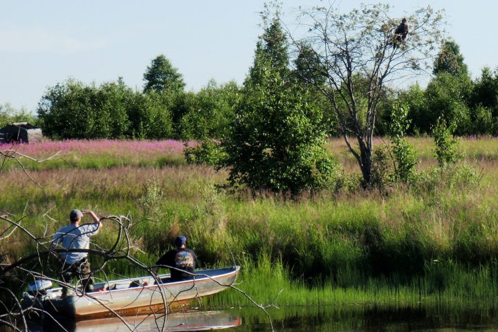 a group of people in a boat on a river