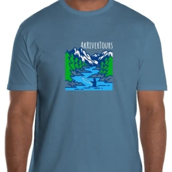 Man wearing blue T-shirt with mountain and river graphic, '4KRiverTours' text.
