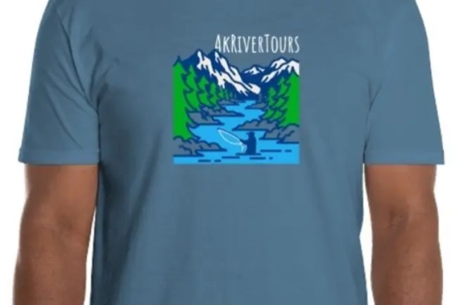 Man wearing blue T-shirt with mountain and river graphic, '4KRiverTours' text.